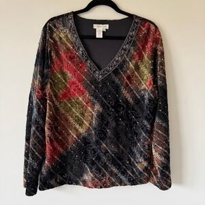 Coldwater Creek XL Burnout Velvet Sequin Blouse Whimsygoth Festival Colorful